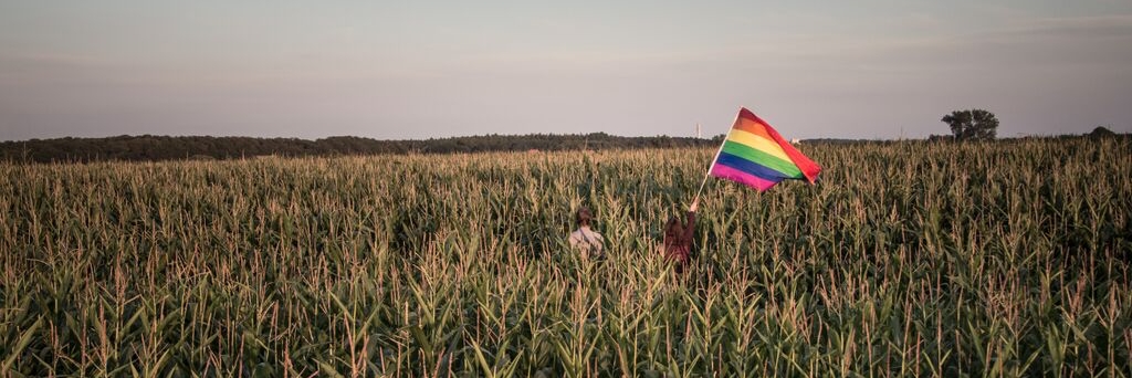 Auf einem weiten Kornfeld mit Hügeln im Hintergrund ragt eine Hand einer unkenntlichen Person mit einer erhobenen Regenbogenflagge heraus